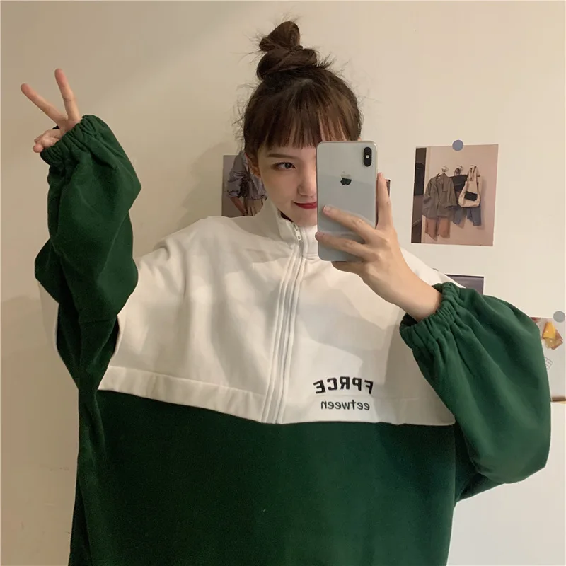 Women Stand-up Collar Sweater Spring Autumn New Korean Version Loose Zipper Embroidery Student Thin Sweatshirt Top