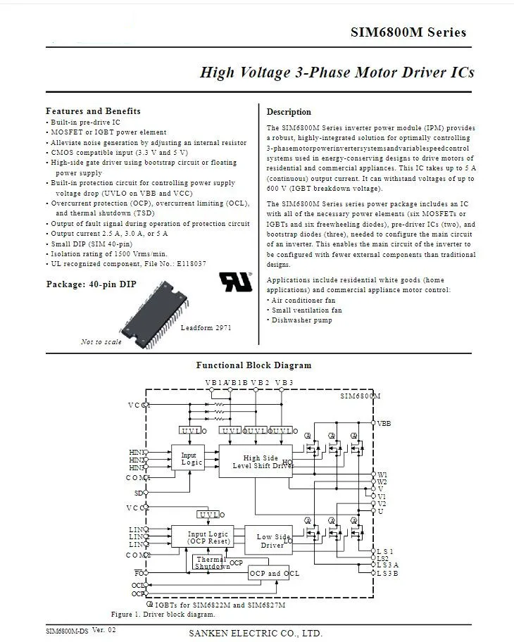 1-5Pcs/lot SIM6822M DIP-40 SIM6822 High Voltage 3-Phase Motor Driver ICs 100% new imported original 100%quality