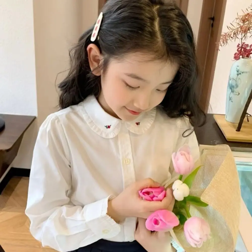 

Детская одежда для девочек, топы для малышей, рубашка с воротником с рисунком розы, белая рубашка с ручной вышивкой, милая базовая рубашка, блузка