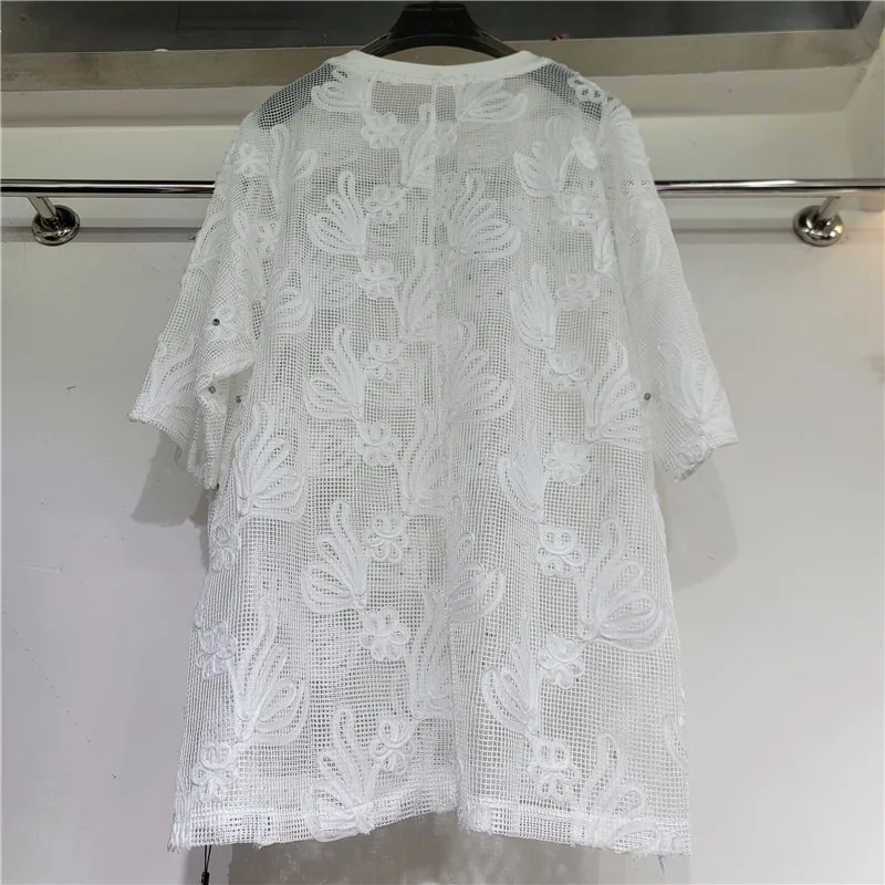 HKSH Women T-shirt French Style Elegant Loose Casual Lace Flower Diamond Sheer Oversized Short Sleeve Stylish Top Summer HK24411