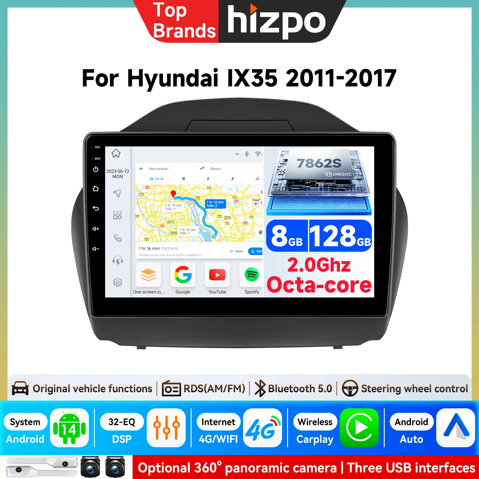 KI-Intelligenter Bildschirm für HYUNDAI TUCSON IX35 2011-2017 Carplay 4G WLAN Android Auto-Multimediaplayer Stereo-Navigation GPS-Radio