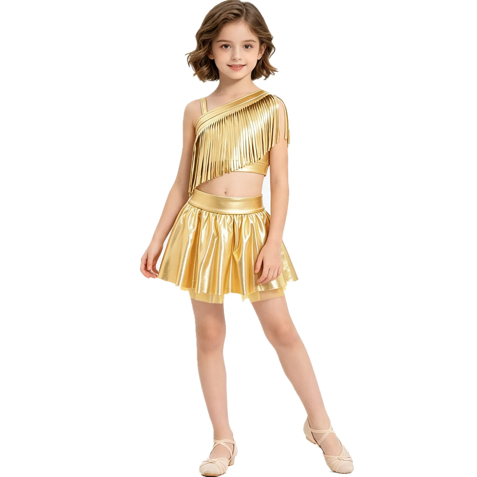 Mädchen Metallic Glänzendes Hip-Hop-Jazz-Tanzoutfit mit Fransen-Crop-Top und Mesh-Tutu-Rock, Cheerleading-Uniform für Bühnenauftritte