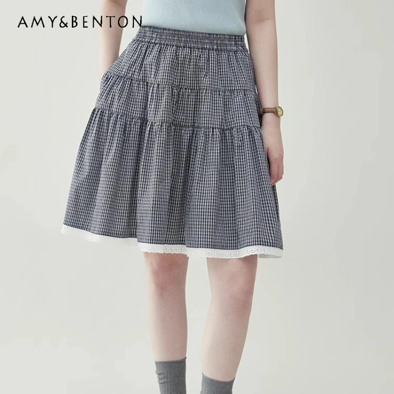 

Корейская клетчатая кружевная женская короткая юбка из чистого хлопка, новая утягивающая универсальная возрастная многослойная юбка с высокой талией, женские