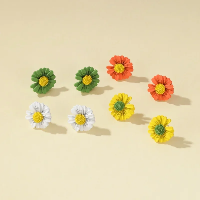 Cute Colorful Single Double Two Flowers Daisy Green White Orange Yellow Pink Simple Alloy Stud Earrings for Women & Children