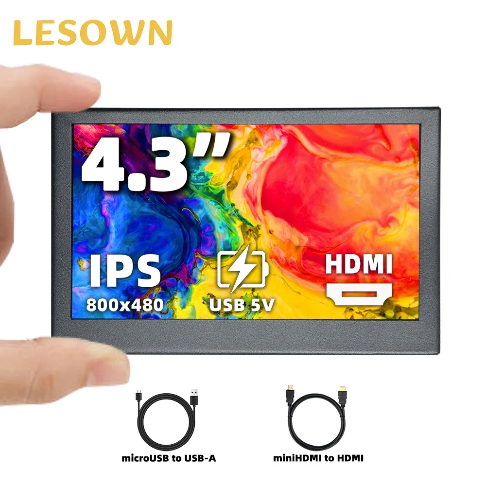 LESOWN 4.3 inch mini Small Screen Display HDMI 800x480 IPS Secondary LCD Monitor Metal Shell with Support for Windows PC Laptop