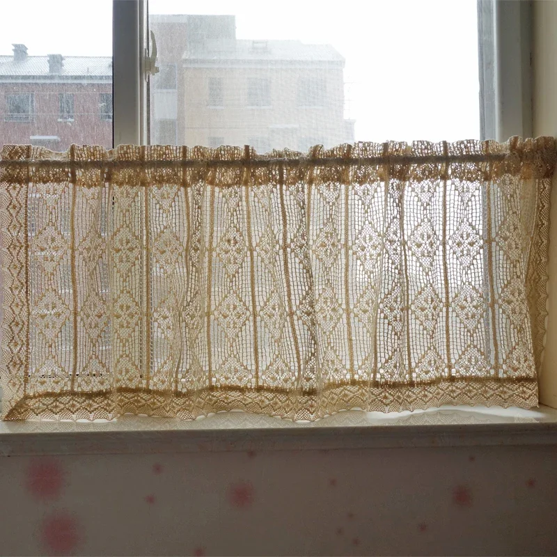 Imagem -02 - Rústico Crochet Window Curtain Vintage Boho Lace Oco Sheer Cortina Tier For Cafe Cozinha Sala de Estar Rod Pocket Valance Peça