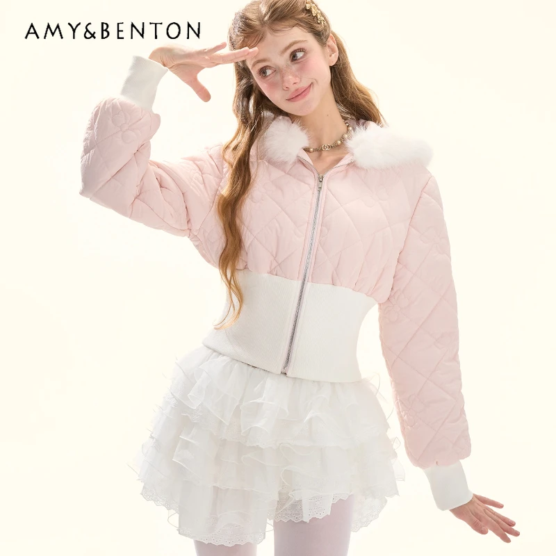 

2025 Winter New Pink Bow Hooded Waist-Tightening Women's Cotton Jacket French Design Slimming Versatile Warm Short Coat Ladies