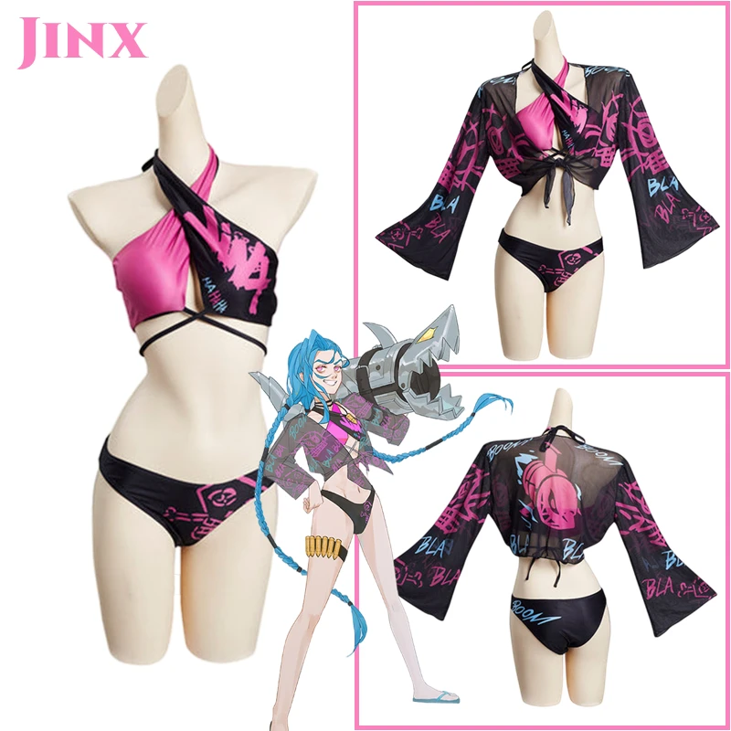 Arcane LoL Jinx Cosplay Costume tenues Halloween carnaval Costume maillot de bain Sexy Bikini d'été piscine robe de soirée