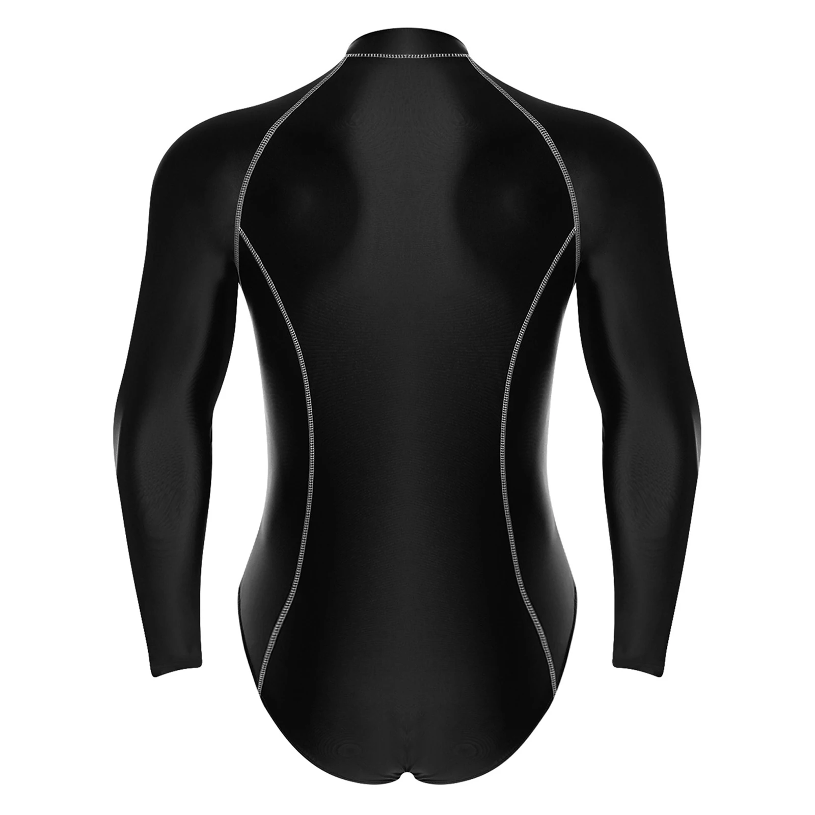 Herren-Badeanzug mit Glanzoptik, Rash Guard Schwimmanzug mit Langen Ärmeln, Frontreißverschluss, Hochgeschnittener Leotard-Jumpsuit für Surfen und Schwimmen – Detail 10