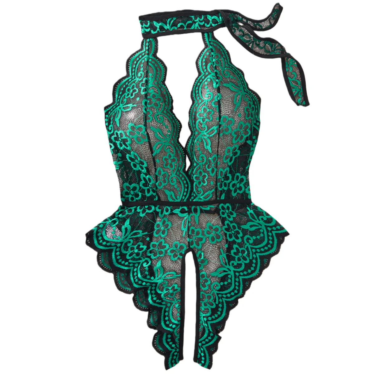 Body de encaje verde con cuello en V y espalda descubierta para mujer, talla grande, para dormir o como pijama