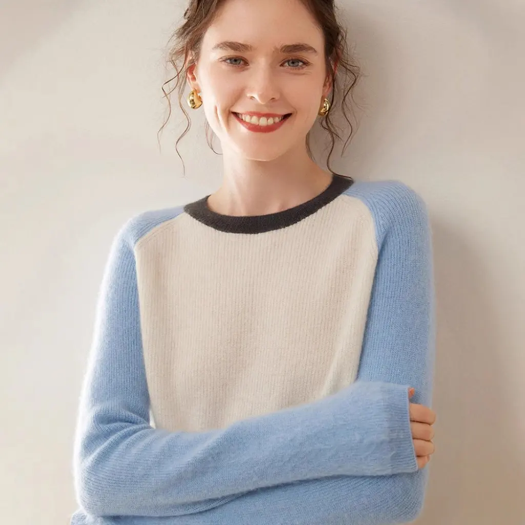 

Women's Thick Color-Blocked Cashmere Knitted Sweater round Neck Bottoming Top Versatile Warm Autumn Winter Outer Wear