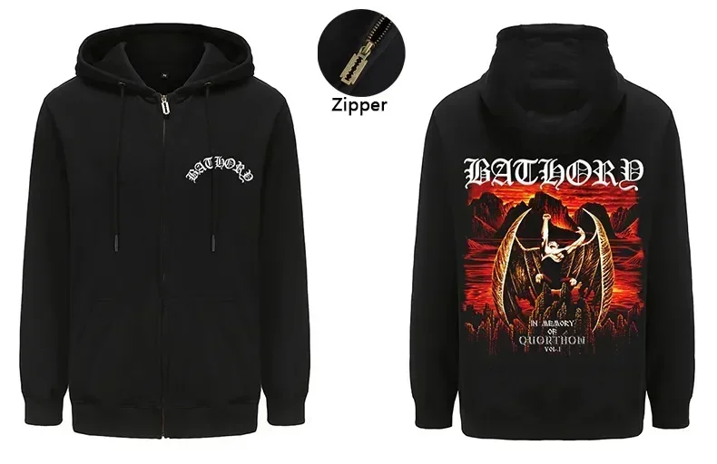 Mens Black Heavy Metal Band Bathory Hoody  Y2k Vintage Hip Hop Streetwear Hoodie Oversized Zip-up Casual men women Hoody Coats