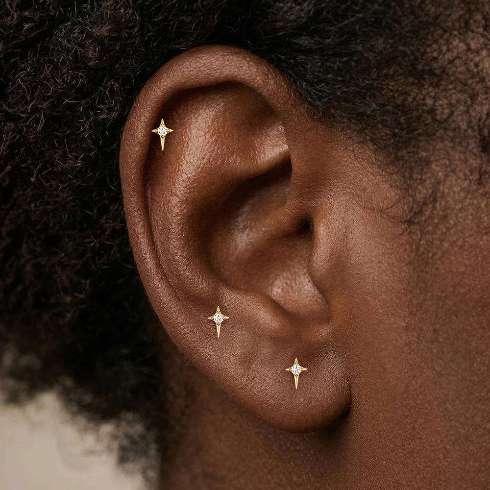CANNER 1PC 14K Solid Gold Four‑Point North Star Round CZ Flat Back Threaded Stud Hypoallergenic Cartilage Piercing Earring Gift