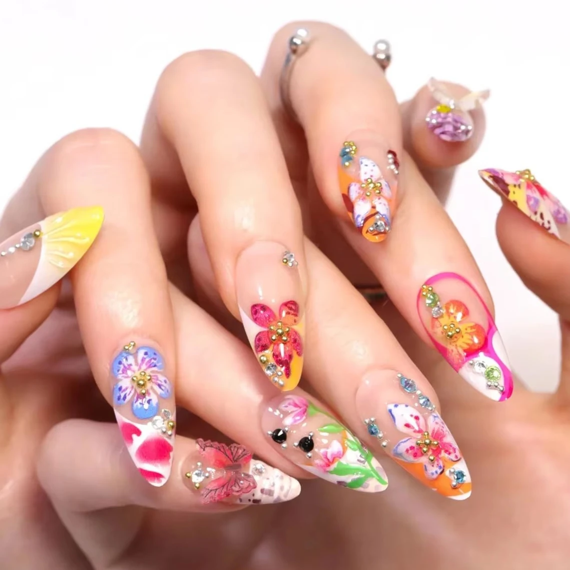 Flores 3d coloridas mini strass amêndoa unhas falsas arte primavera pérola bowknot unhas falsas encantos imprensa em unhas ferramentas de manicure