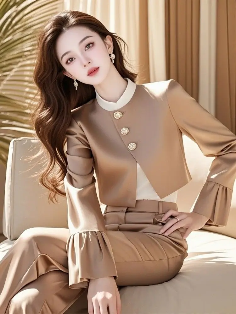 New High End Luxury Two Piece Sets for Women Fashion Buttons Contrast Color Flare Sleeve Coat Crop Top + Suit Pants Elegant