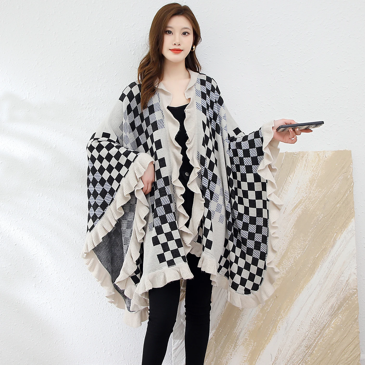 Sunscreen and Warmth Checkered Pattern Knitted Cardigan Coat with Folded Edges Knitted Cardigan Coat for Spring and Autumn