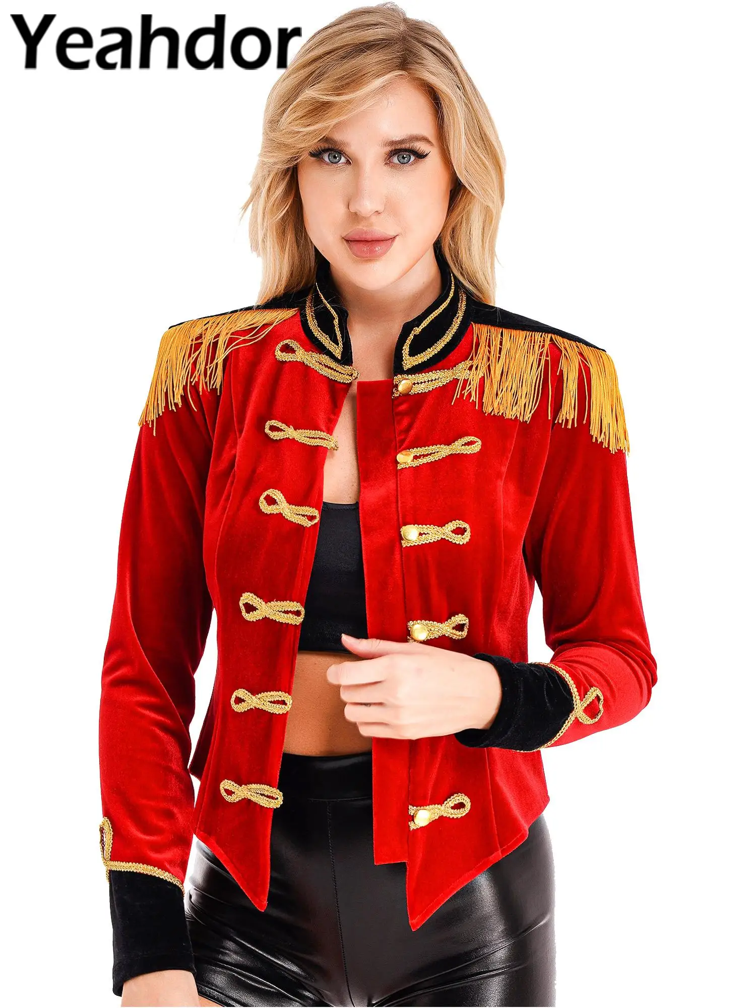 

Womens Circus Ringmaster Costume Halloween Cosplay Costume Stand Collar Fringed Shoulder Board Velvet Jacket Coat cosplay cloth