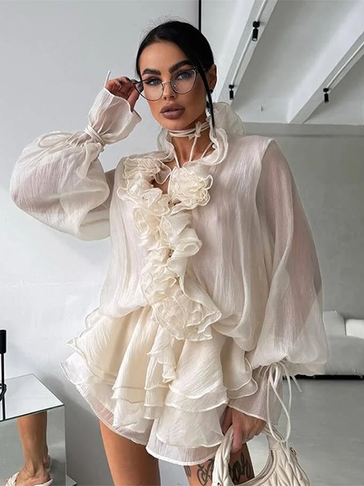 Elegant 3D Flower Ruffle Shirt Shorts Sets Women Lace Up Long
