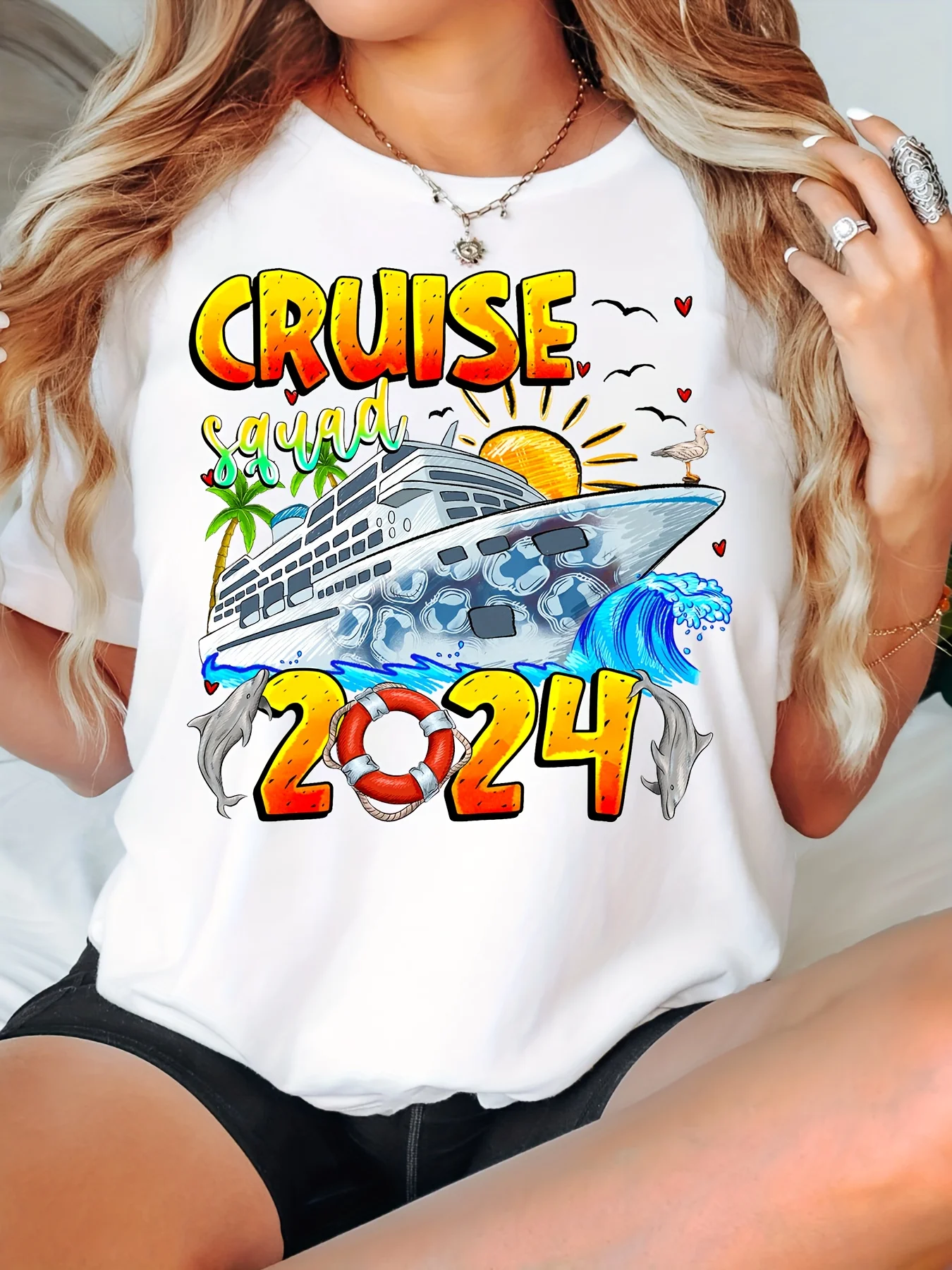 

Cruise Print Crew Neck T-Shirt, Casual Short Sleeve T-Shirt For Spring & Summer, Women's Clothing