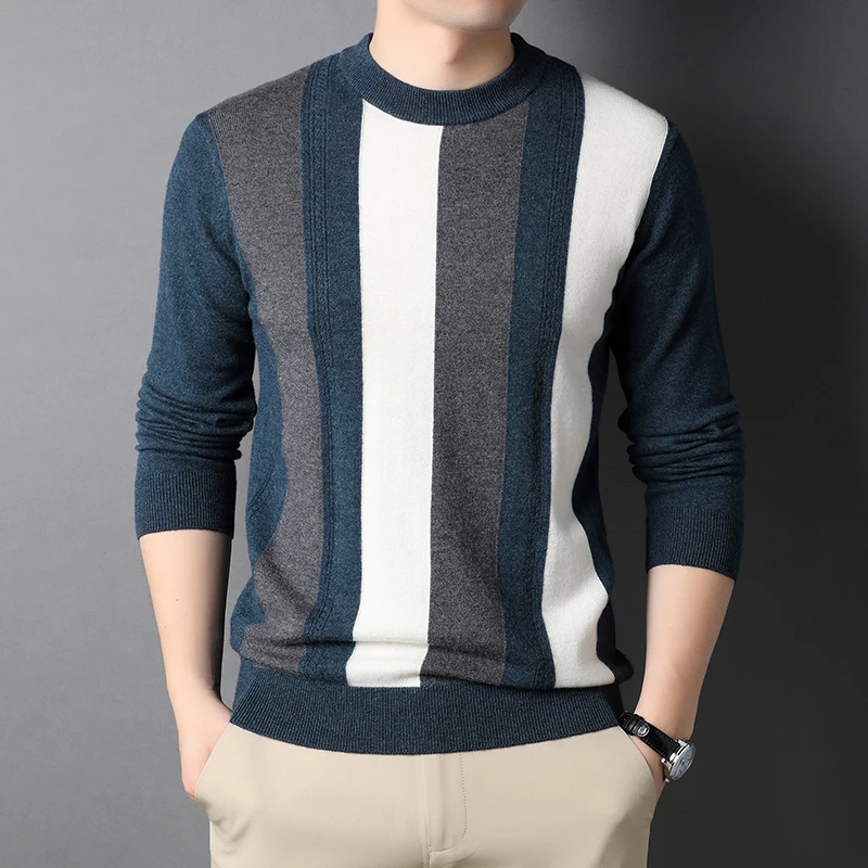 

2022 Wool Mens Sweater Spring Autumn Round Collar Long Sleeve Computer Knitted Sweater Men Keep Warm Striped Man Sweater 3XL