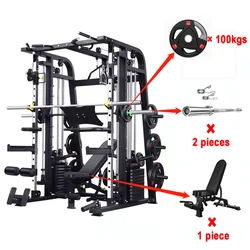 Smith Machine Multi Function Station Exercise Machine Rack+120KG Counterweights+100kg Weight Plates+Bench