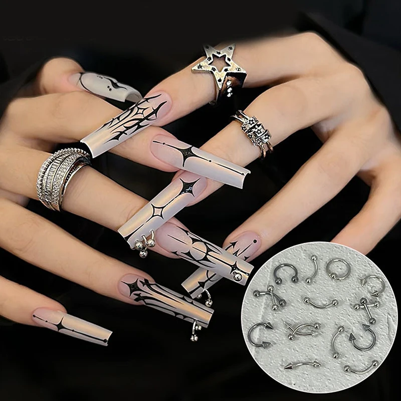 30pcs/box Alloy Pierced Black/White Nail Jewelry Decor 3D Nail Supply For Cool Girl 6 Grids Nail Piercing Punk Charm Metal