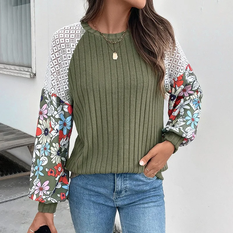 Green Fashion Women's Knitted Sweater Round Neck Pullover Flower Pattern Color Blocked Knitted Sweater Women's Autumn New Item