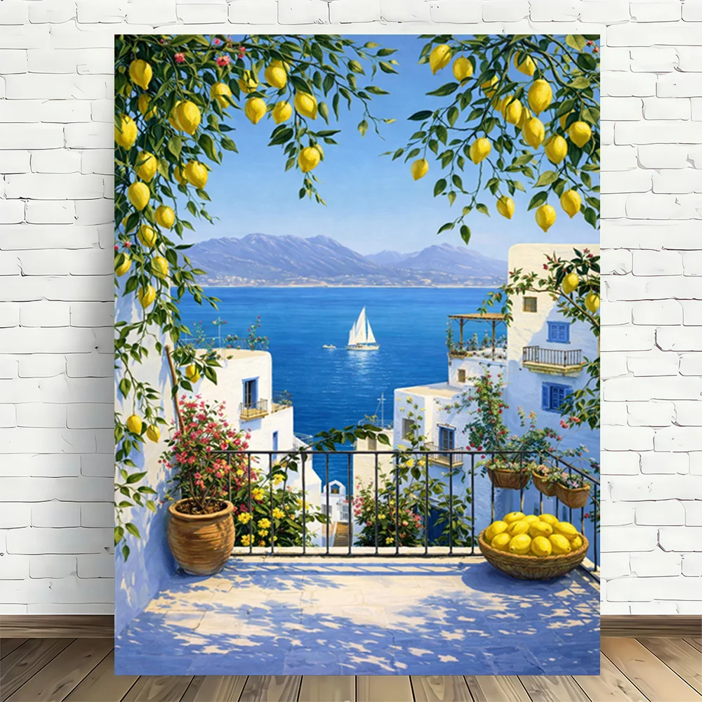 Lemon Grove Seascape Modern Retro Frameless Canvas Wall Art, Poster for Elegant Home and Office Decoration Christmas Home Decor