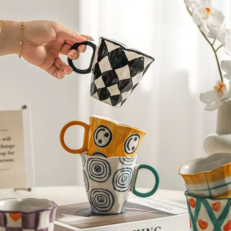 Black White Checkerboard,Water Cup,Ceramic,Hand-painted Ceramic Irregular Mug,Coffee Cups,High-value Gift for Friends Cheap Cups