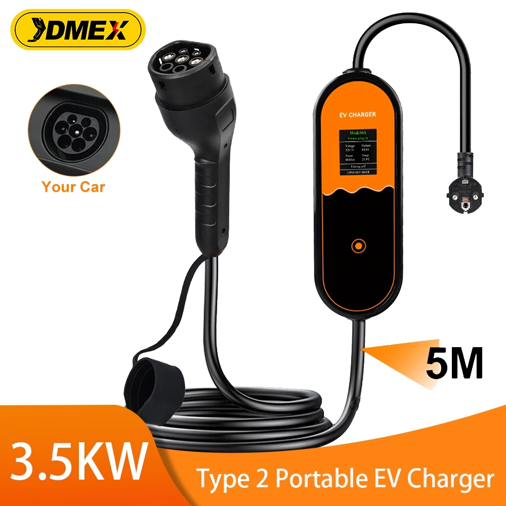 

JDMEX 16A 1Phase 5M Portable EV Charger Type2 220V EVSE Charging for Electric Vehicle 3.5KW 8A-10A-13A-16A Adjustable Current