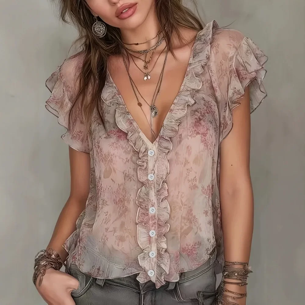 Women Hot Sale Chiffon Blouse French Style V Neck Ruffle Short Sleeve Top Flowy Flattering Casual Daily Streetwear