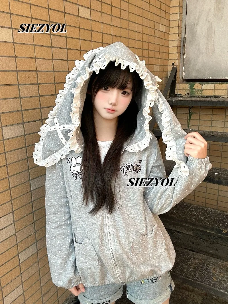 Original Spring and Autumn Casual Cute Embroidered Polka Dot Lace Loose Jacket Sweet Rabbit Ears Grey Hooded Cardigan Sweatshirt