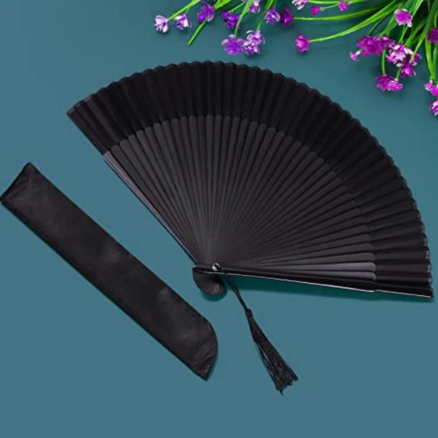 Hand Held Bamboo Silk Folding Fan, Chinese Japanese Handheld Fan with Tassel Wooden Charming Elegant Vintage Retro Style for Wo