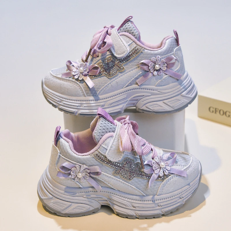 Girls Pearl Bow Rhinestone Mesh Chunky Sneakers, Kids Hook‑and‑Loop Thick‑Sole Princess Sports Shoes 2‑Color