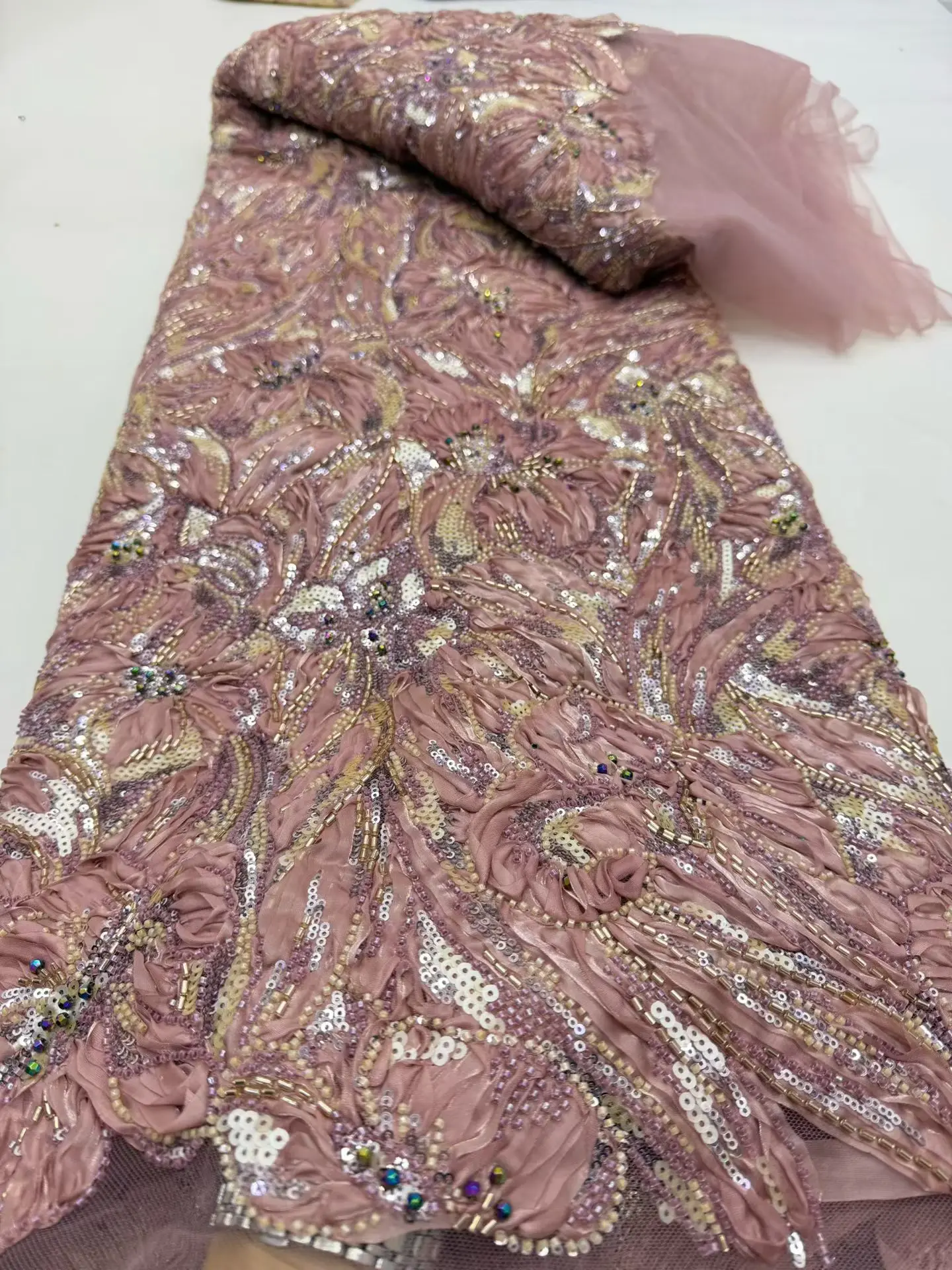 

2026 New Nigerian African French Guipure Tulle Lace Fabric Sequins Beaded Embroidery for Wedding Party Evening Dresses 5 Yards