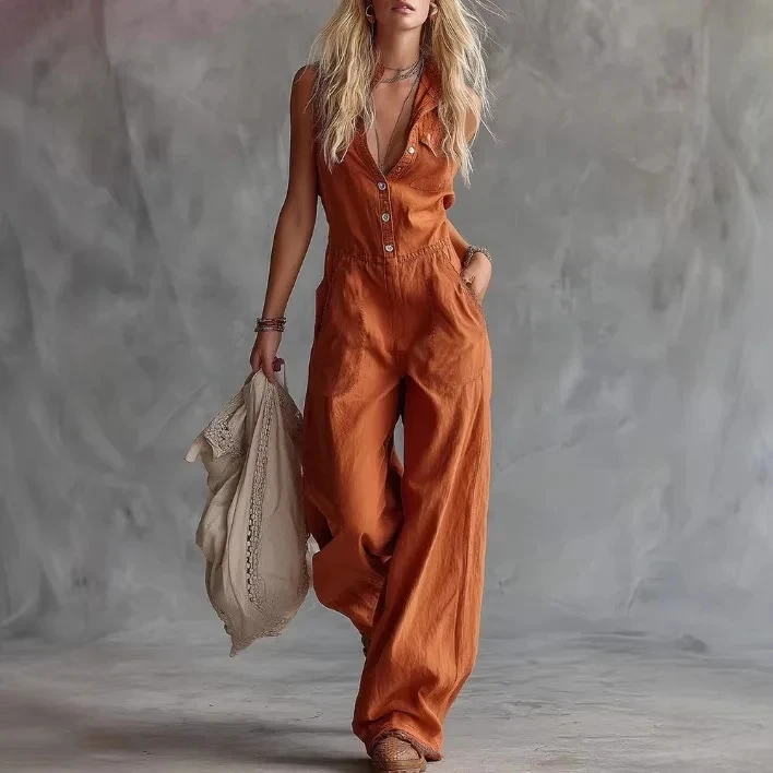 Jednolite Kombinezony 2026 Casual Western Style V-neck Pocket Solid Color Button Jumpsuit Women's Summer New Sleeveless Jumpsuit