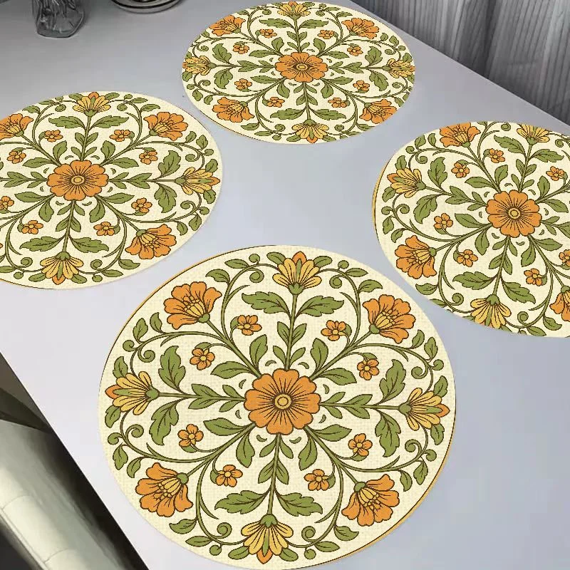 VIKAMA Retro Morris Warm Orange Symmetrical Flower Round Linen Placemats Heat Resistant Wear-Resistant for Table Decoration