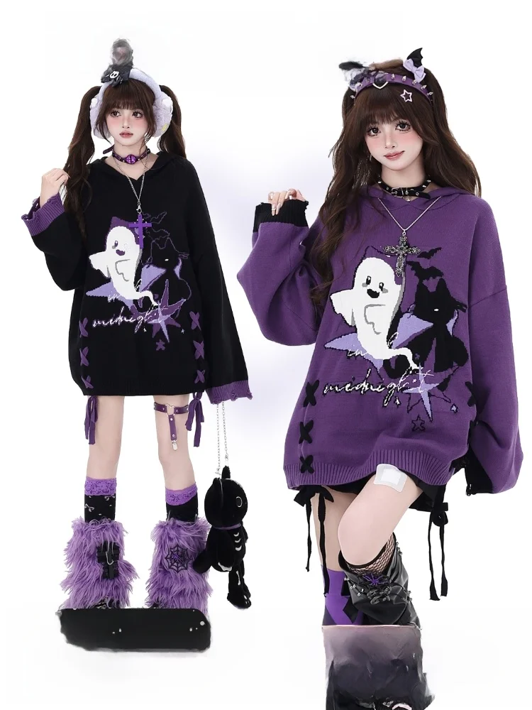 

Crazygirl loween Small Ghost Subculture Original Loose Sweater Top Women's Winter Faion Sweet Sle Hooded Regular Length