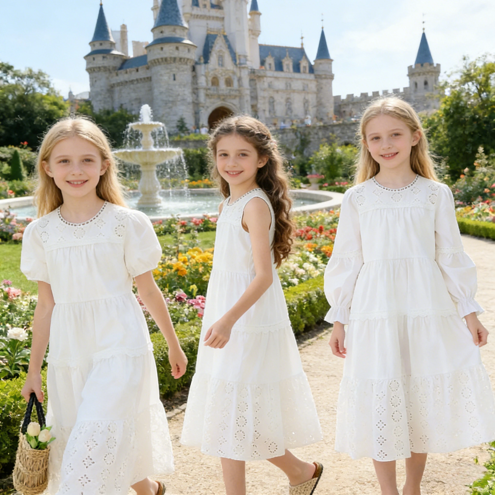 

Girls White Dress Eyelet Embroidered Cotton Lace Dress Kids Casual Party Wear Princess dresses Short Sleeve/vest /Long Sleeve