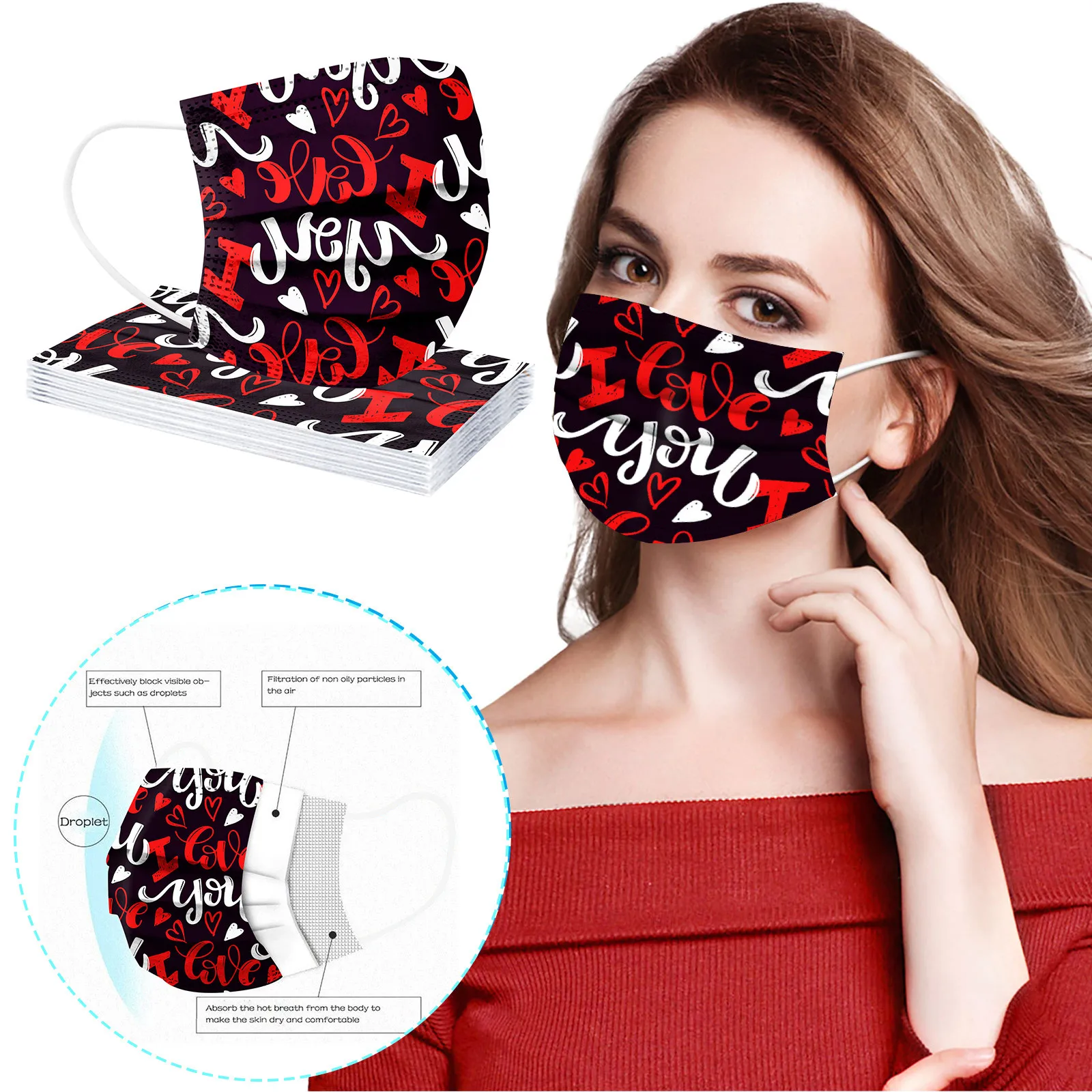 Heart Print Face Mask Valentine Disposable Mask Women Love Pattern Mouth Cover 3 Ply Breathable Protective Face Covering 2026 T1