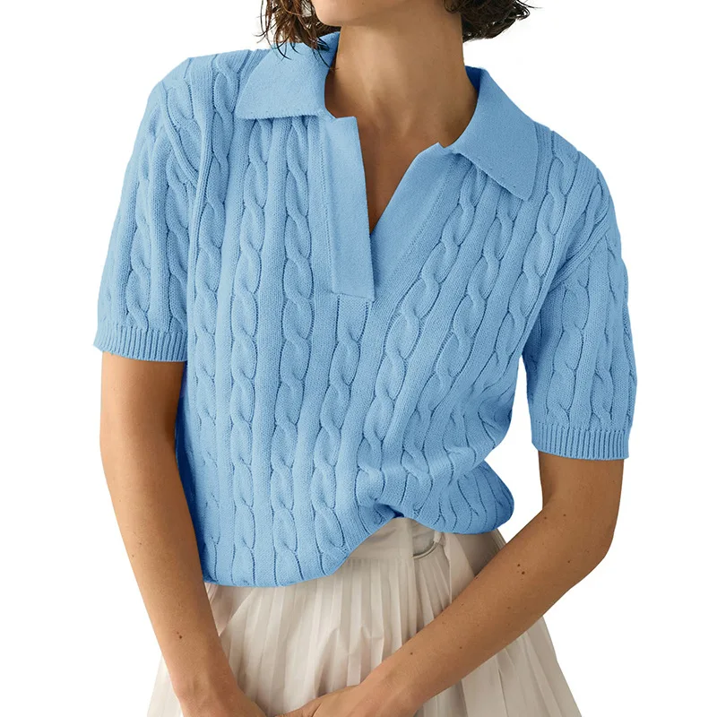 

Women's Polo Collar Three Quarter Short Sleeved Comfortable Casual Solid Color Twisted Flower Knitted Sweater Versatile Pullover