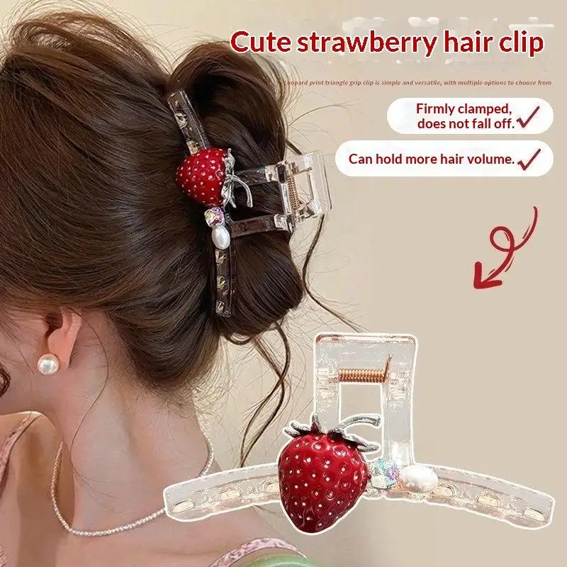 Polka Dot Hair Claw Clip With Strawberry Decor Non Slip Grip For Daily Party Womens Hair Accessory