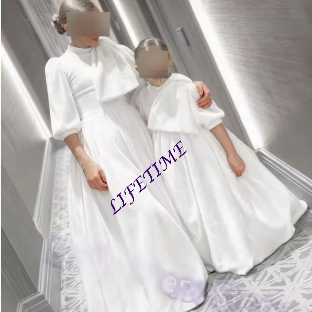 Sukienka dla dziewczynki na wesele z aksamitu w kolorze kości słoniowej, z wysokim kołnierzem, bufiaste rękawy, sukienka dla druhenki, na urodziny dziecka, Pierwszą Komunię Świętą, suknia balowa