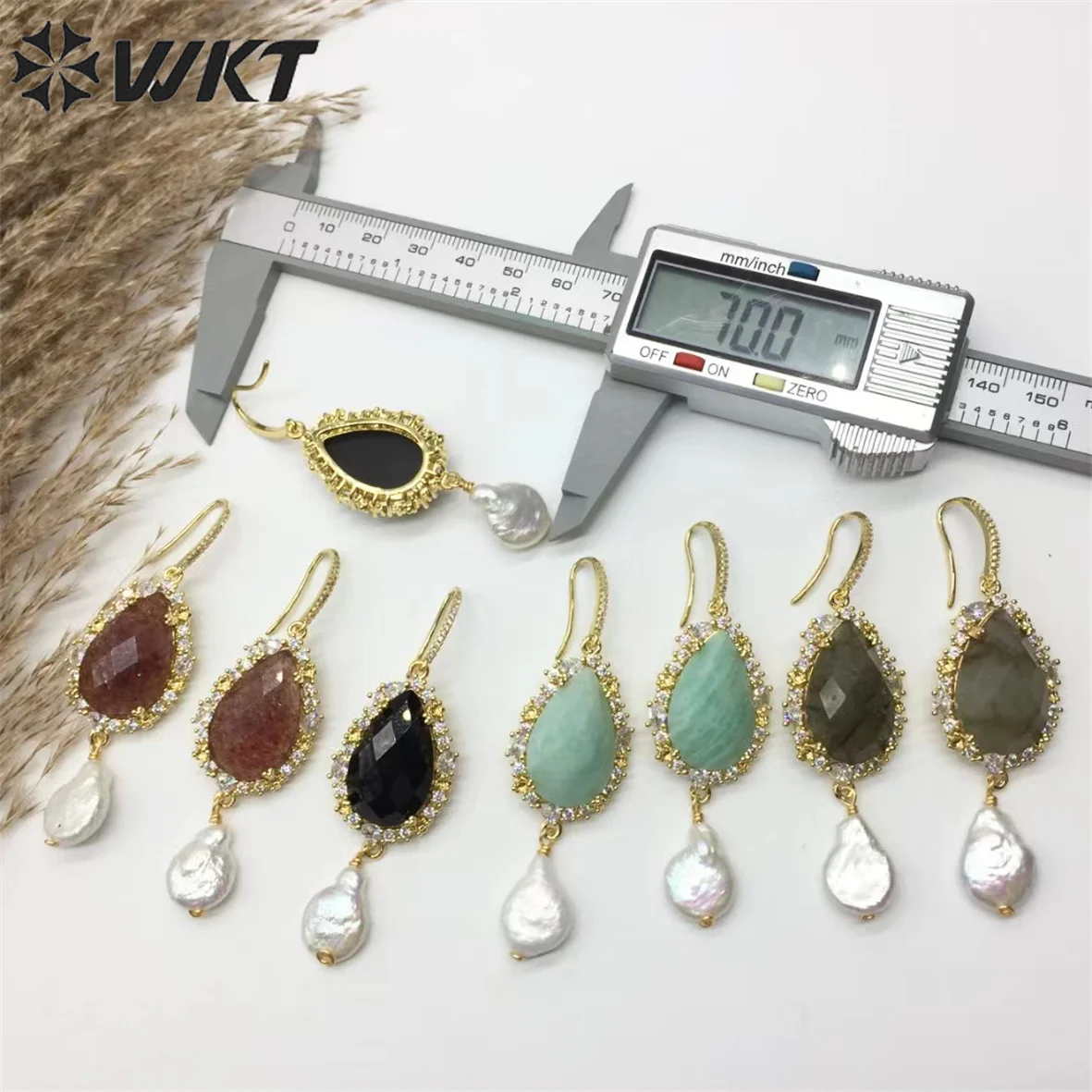 

WKT-E706 WKT 2022 Fashion style rose quartz&lapis&amethyst&amazonite&black obsidian/sun stone gold-plate earrings gift style