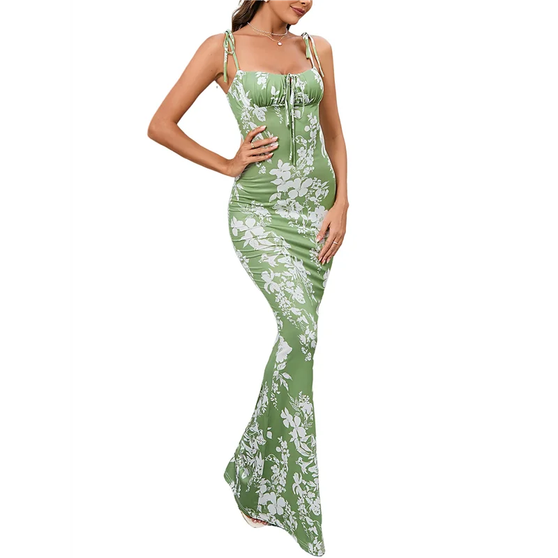 A83F - Letnia sukienka maxi damska w kwiaty, obcisła, na ramiączkach spaghetti, bez rękawów, w stylu bohemy.