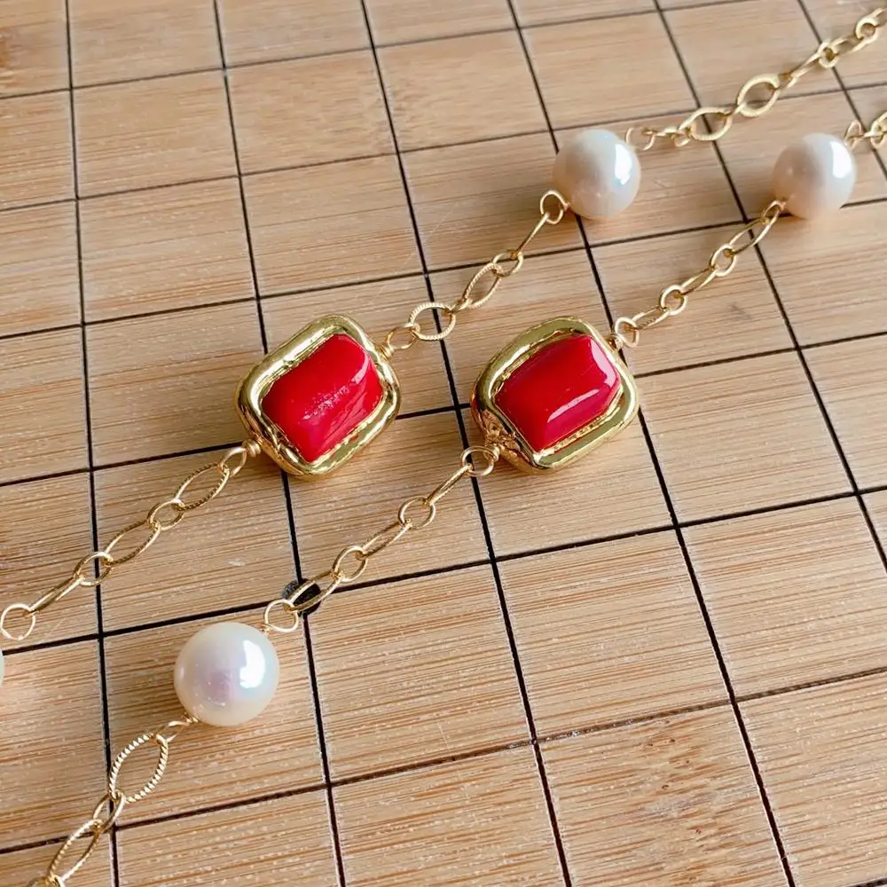 KKGEM  gold plated chain 15x20mm Red Coral natural Freshwater Cultured White Pearl Statetion Long Necklace 30" view 6