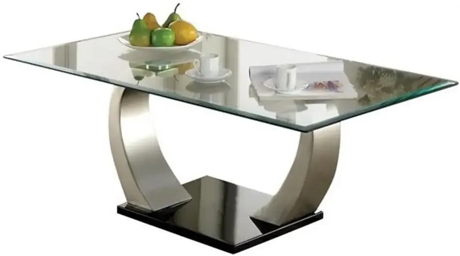 Modern Contemporary Glass Top Coffee Table, Living Room, with Satin Silver Base