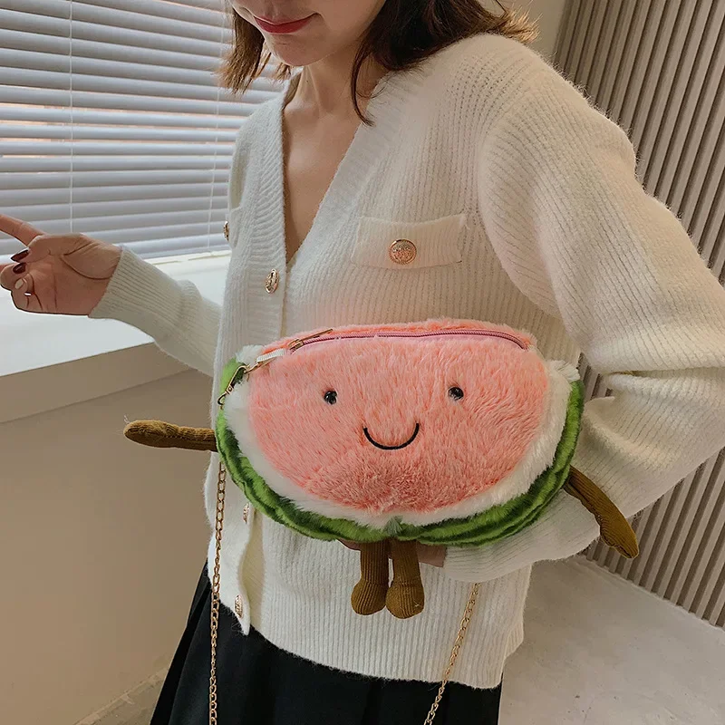 New women plush watermelon doll shoulder bag Ladies peach cute cartoon crossbody bag girl funny mobile phone bag