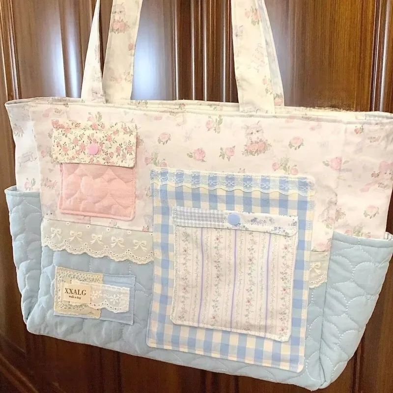Sweet Patchwork Canvas Tote Bag for Women Cute Large Capacity Shoulder Handbag for School Commute Versatile Student Book Shopper