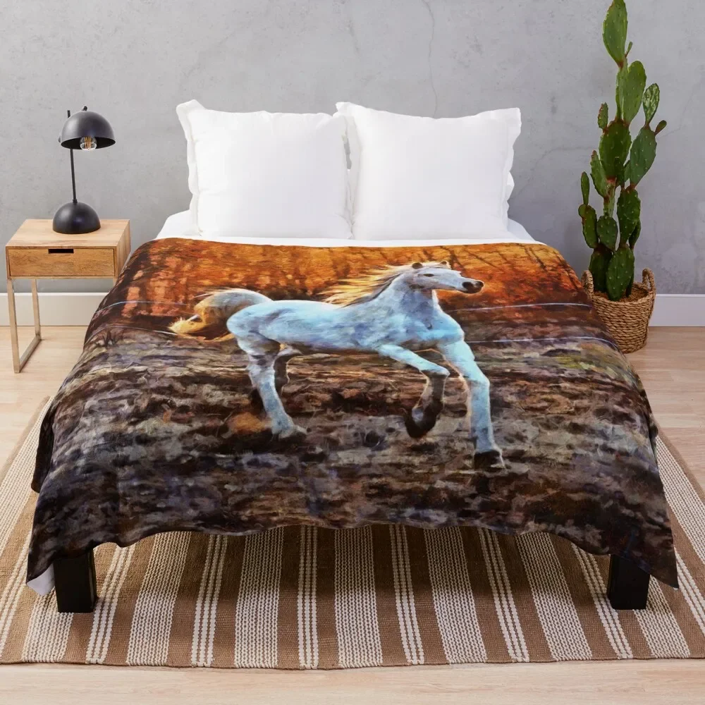 

A White Horse Galloping With The Sun Setting Behind The Trees Digital Painting Throw Blanket Cute Blankets